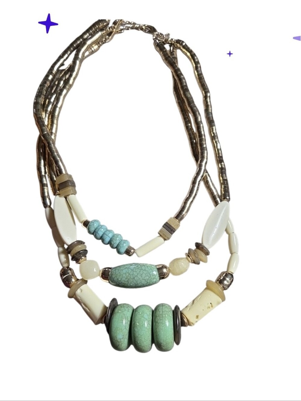 Chicos Green and Cream Beaded Statement Necklace - Unbranded